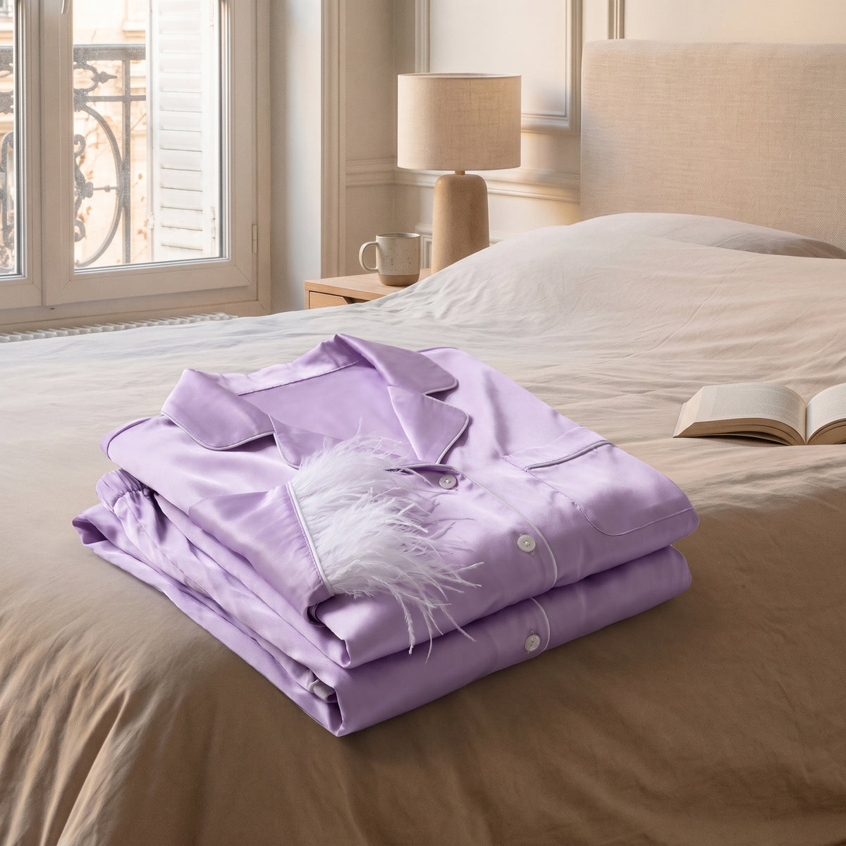 Pyjama d'été à plumes violet clair plié au pied du lit