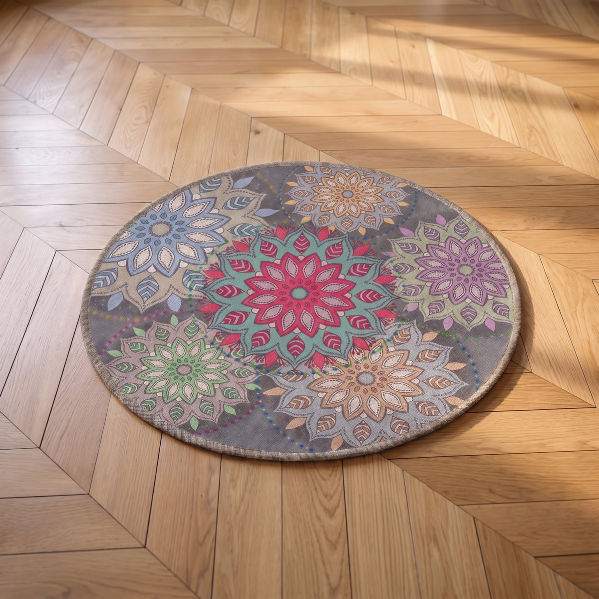 Petit tapis rond à mandala multicolore vu de face