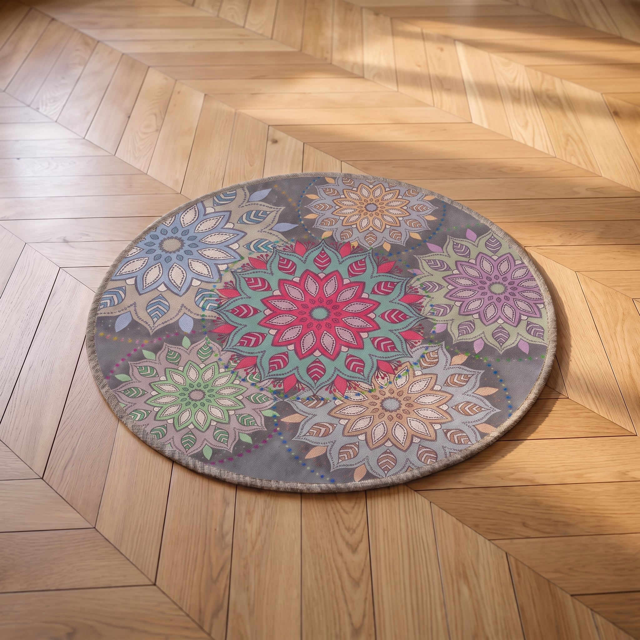 Petit tapis rond à mandala multicolore vu de face Image