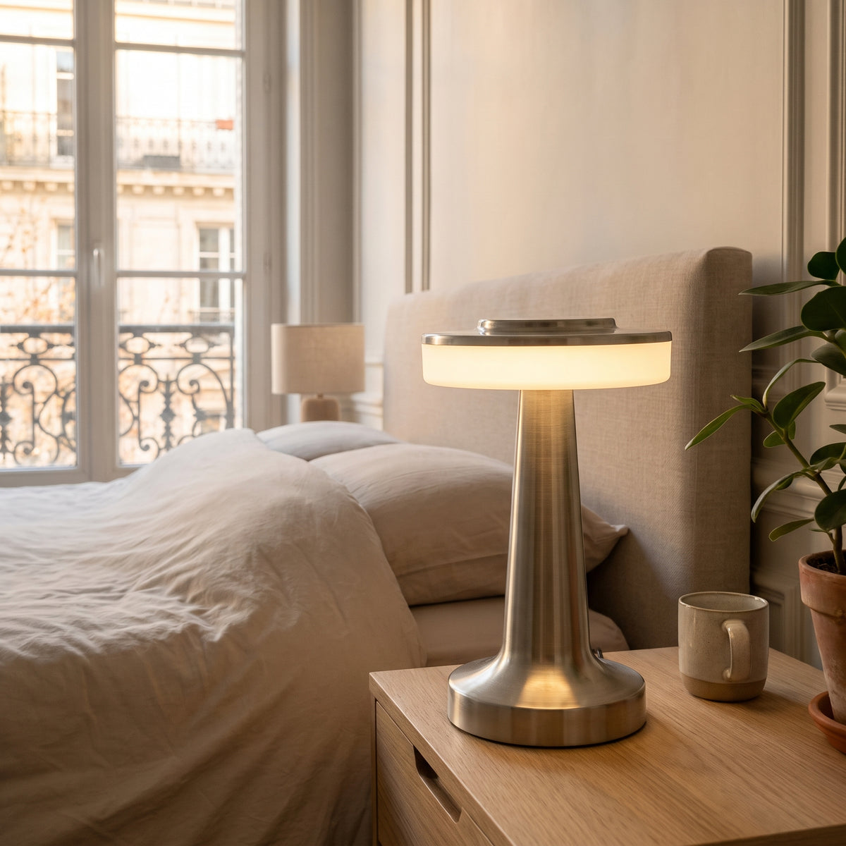 Lampe de table LED argent posée seule