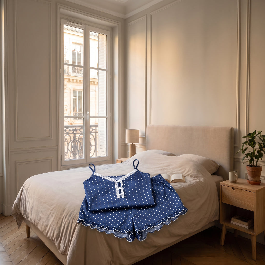 Pyjama en satin et dentelle bleu marine plié, posé seul