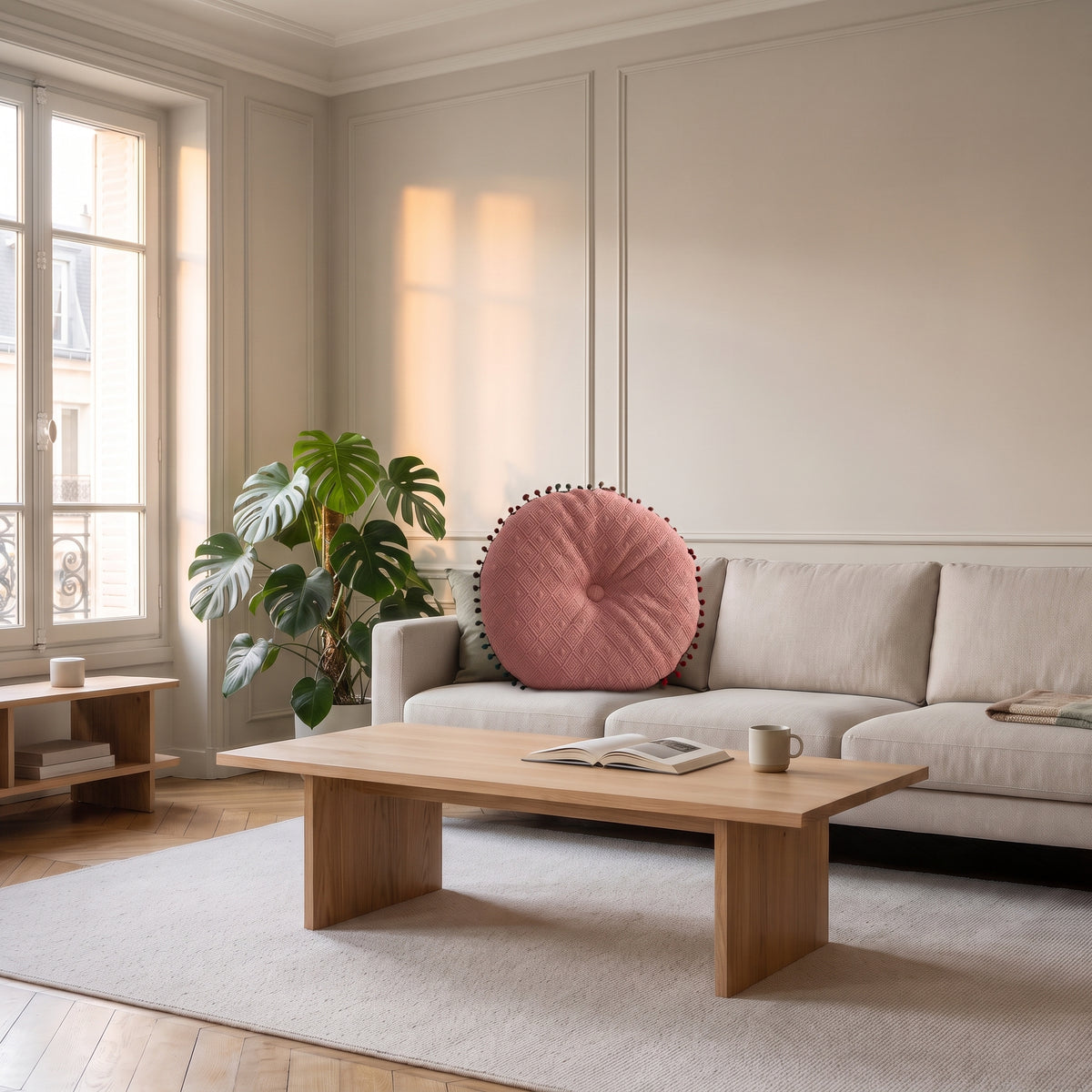 Coussin rond rose à pompons, vu seul