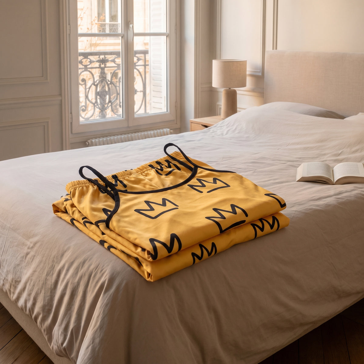 Pyjama en satin jaune plié, posé seul