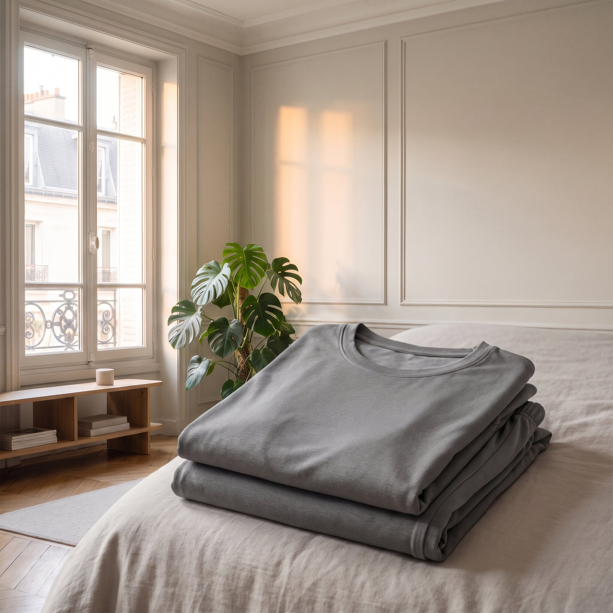 Ensemble d'intérieur en viscose gris plié, posé seul