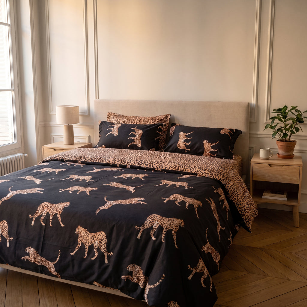 Housse de couette motif léopard avec ses taies assorties