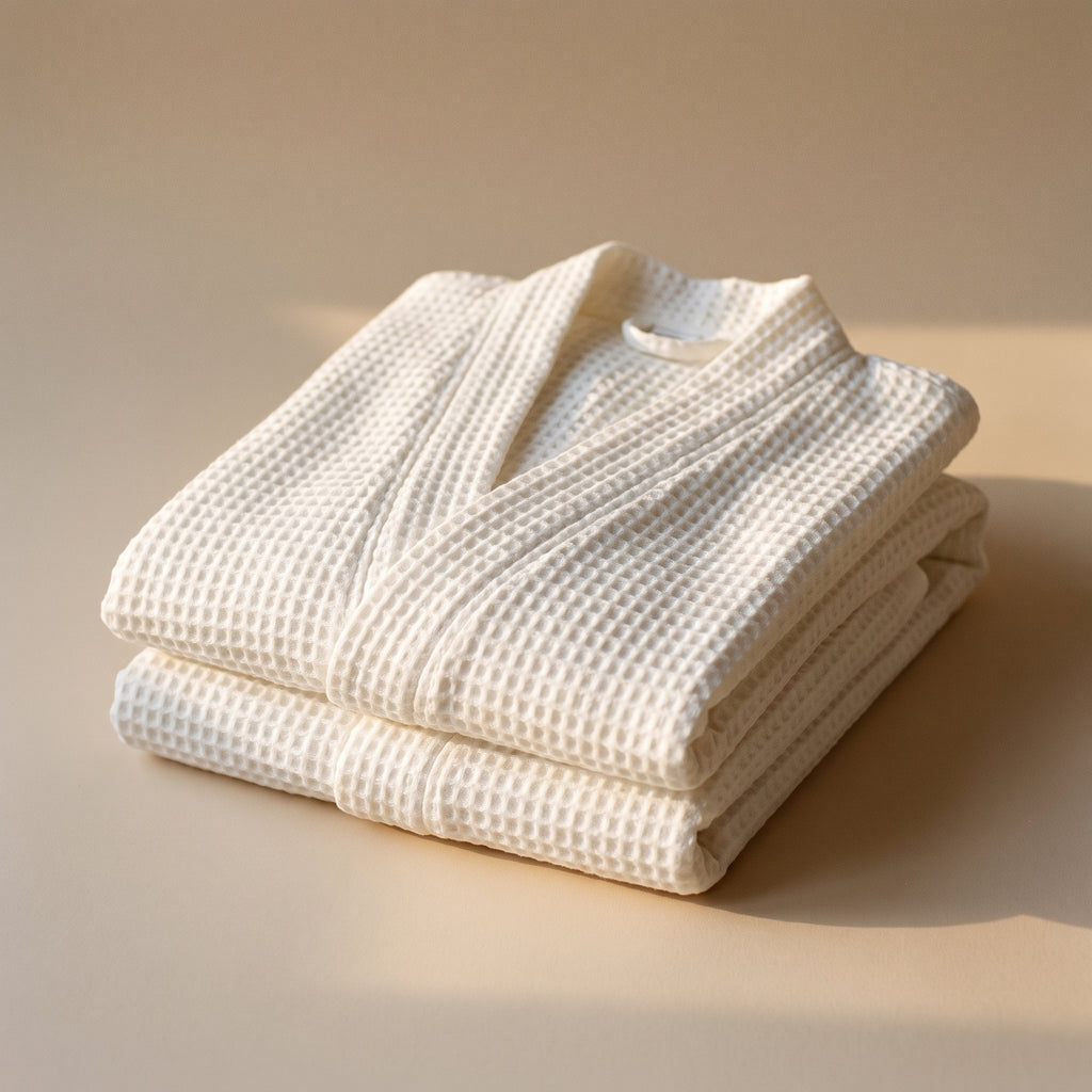 Peignoir long en coton blanc cassé sur fond uni
