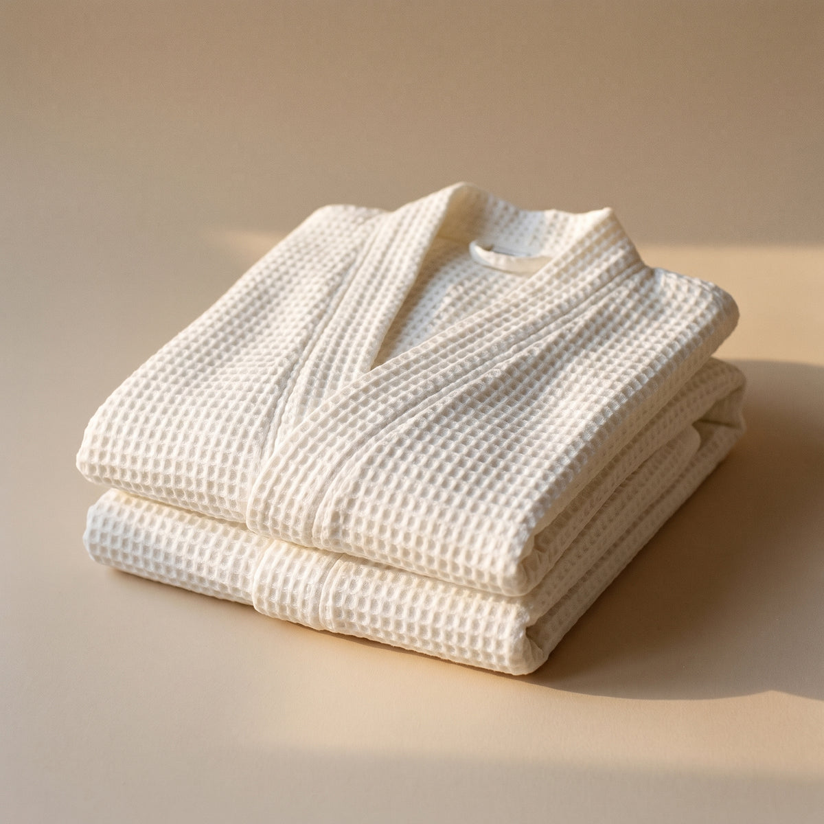 Peignoir long en coton blanc cassé sur fond uni