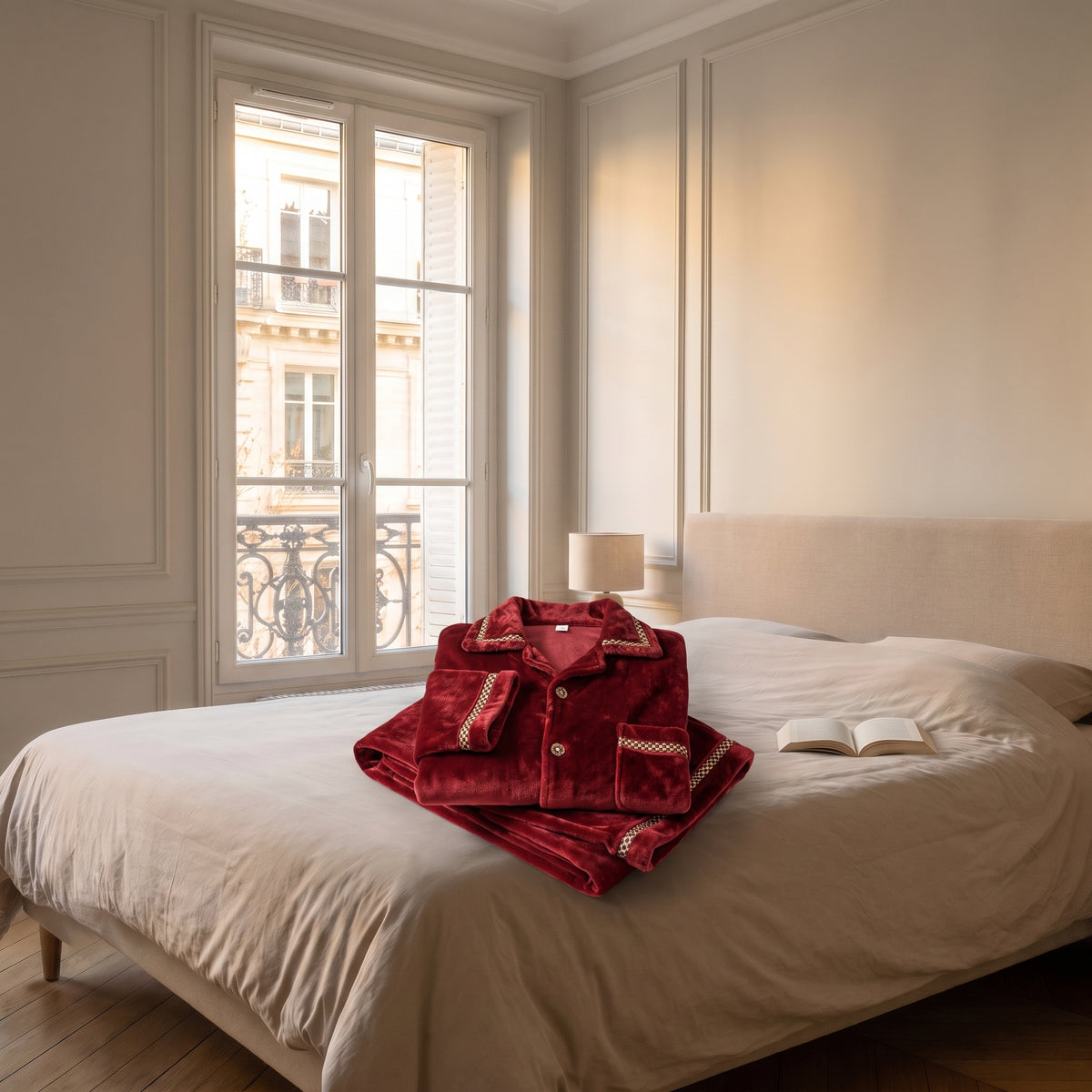 Pyjama en flanelle rouge plié, posé seul