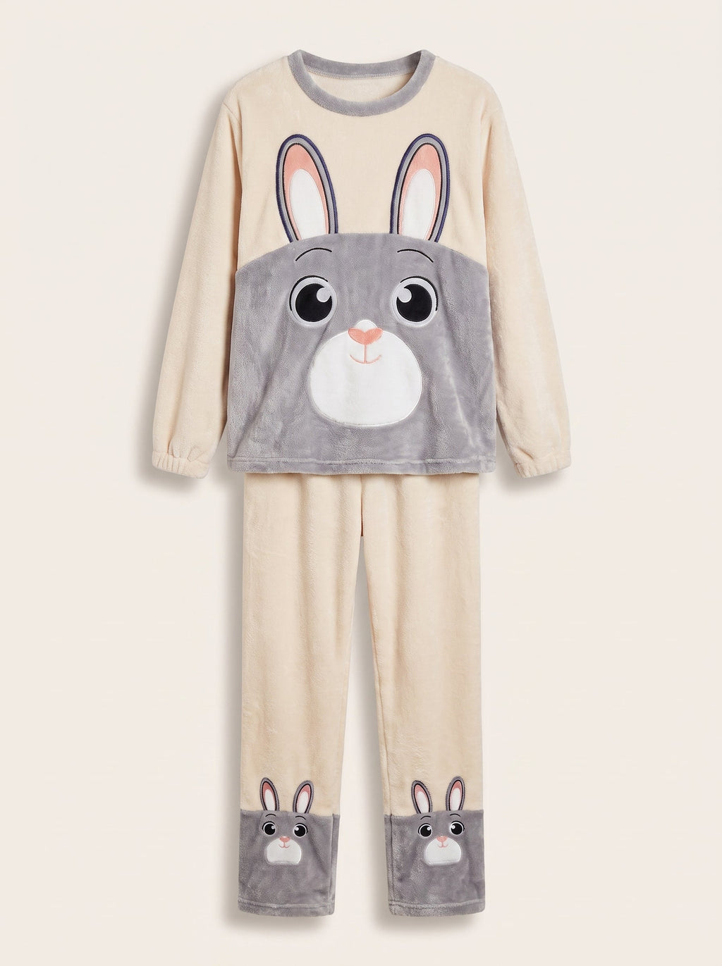 Haut à visage de lapin et pantalon du pyjama chaud femme, à plat