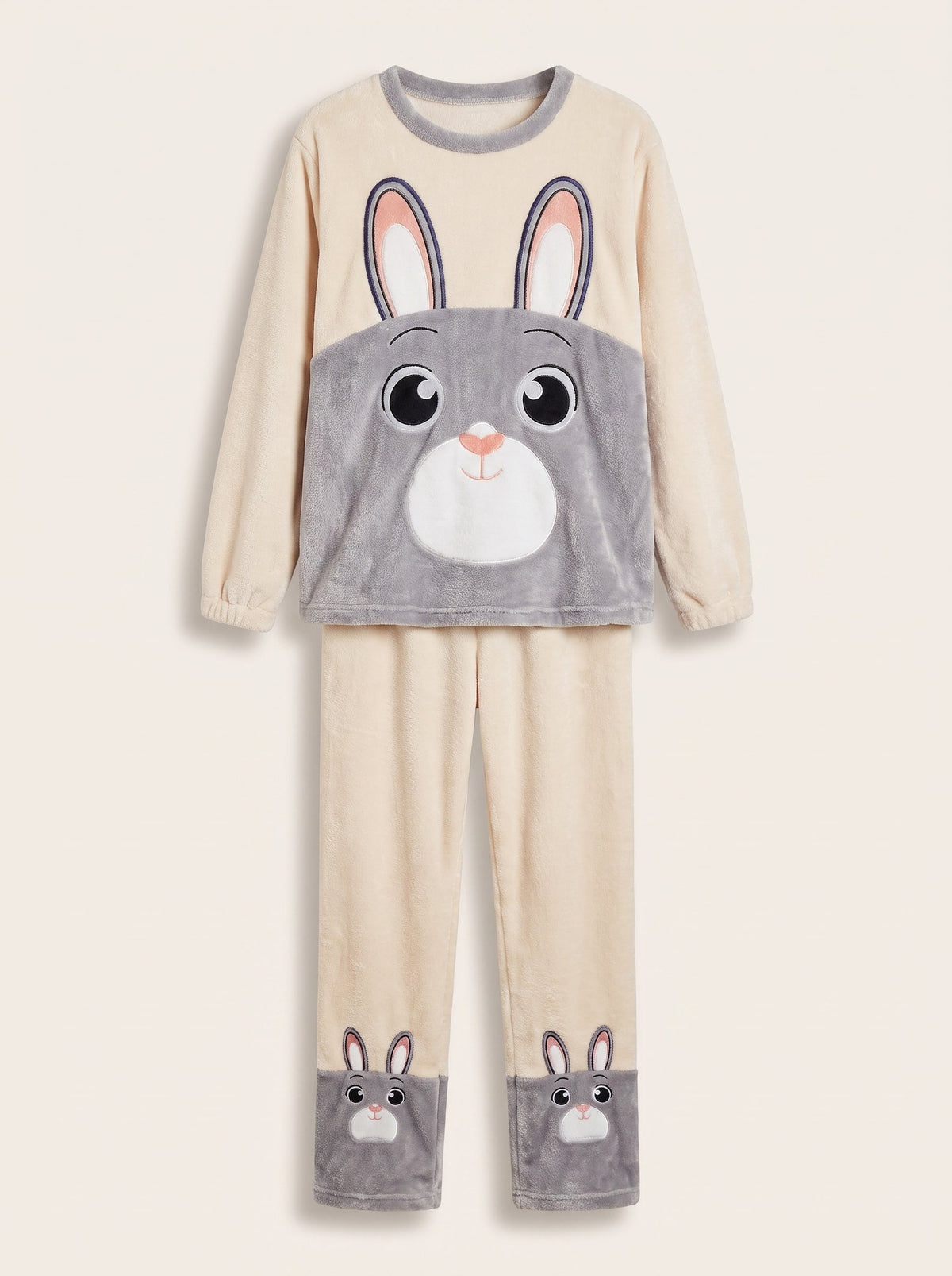 Haut à visage de lapin et pantalon du pyjama chaud femme, à plat