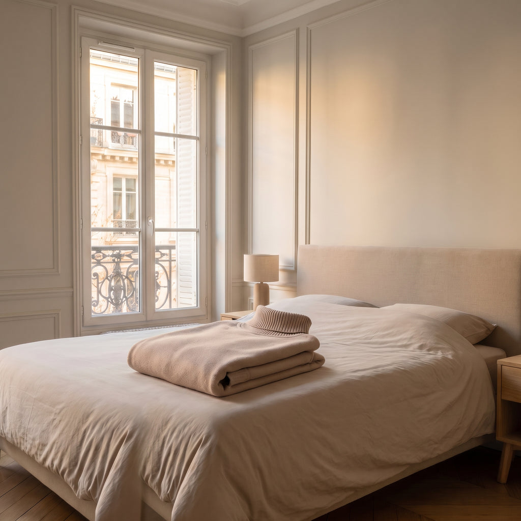 Pull col roulé polaire beige plié sur un lit