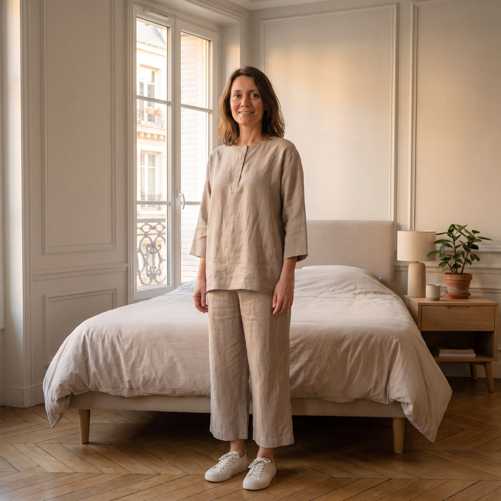 Ensemble femme en coton et lin porté