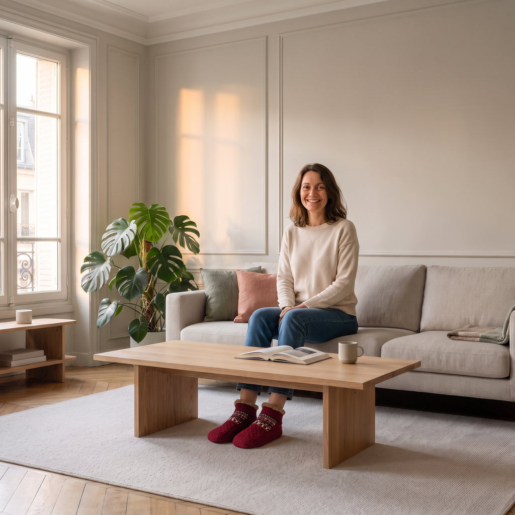 Chaussettes chaussons fourrées rouges portées aux pieds dans un salon