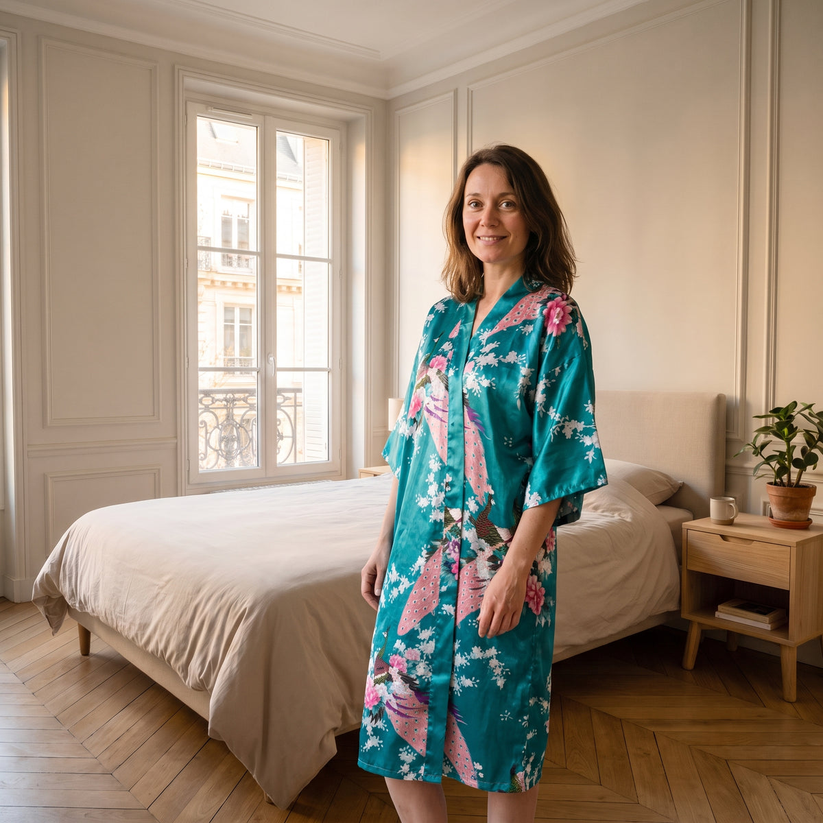 Robe longue en satin à fleurs porté