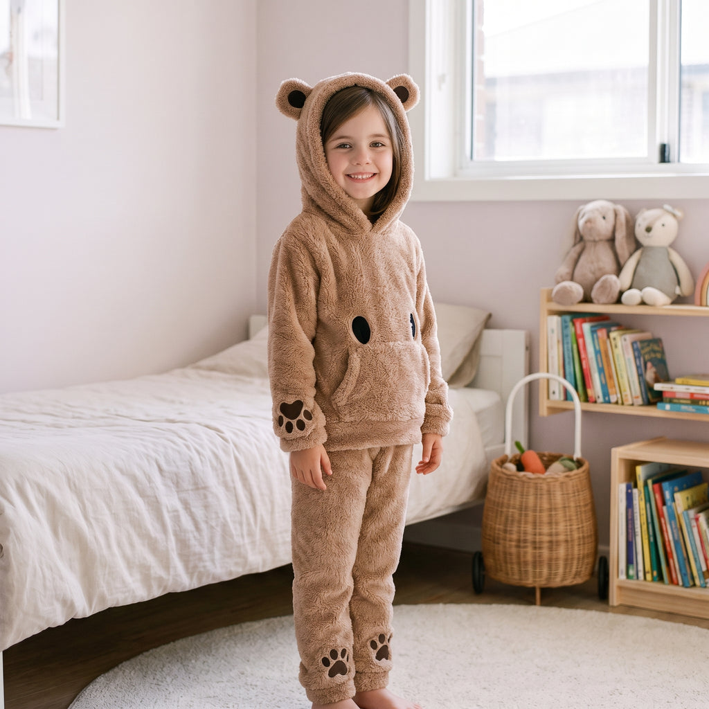 Enfant portant le pyjama en flanelle à capuche ours brun