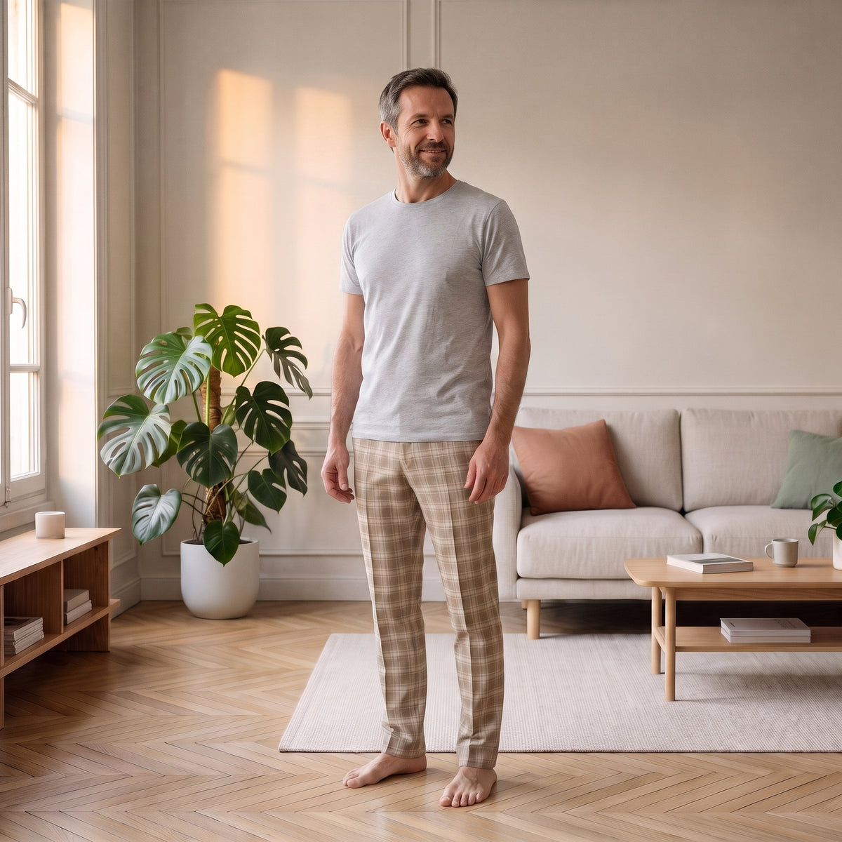 Pantalon à carreaux homme, coupe ajustée porté