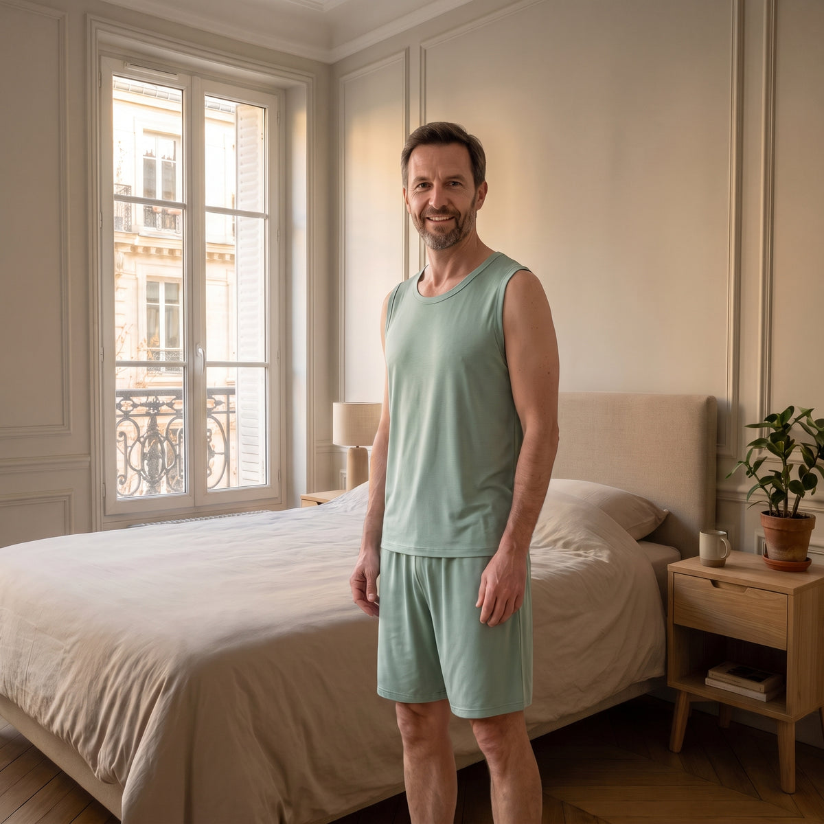 Pyjama d'été vert (débardeur et short) porté par un homme debout