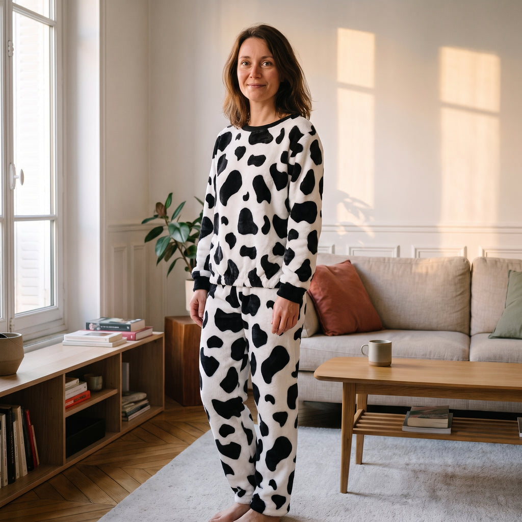 Pyjama en polaire imprimé vache porté par une femme debout