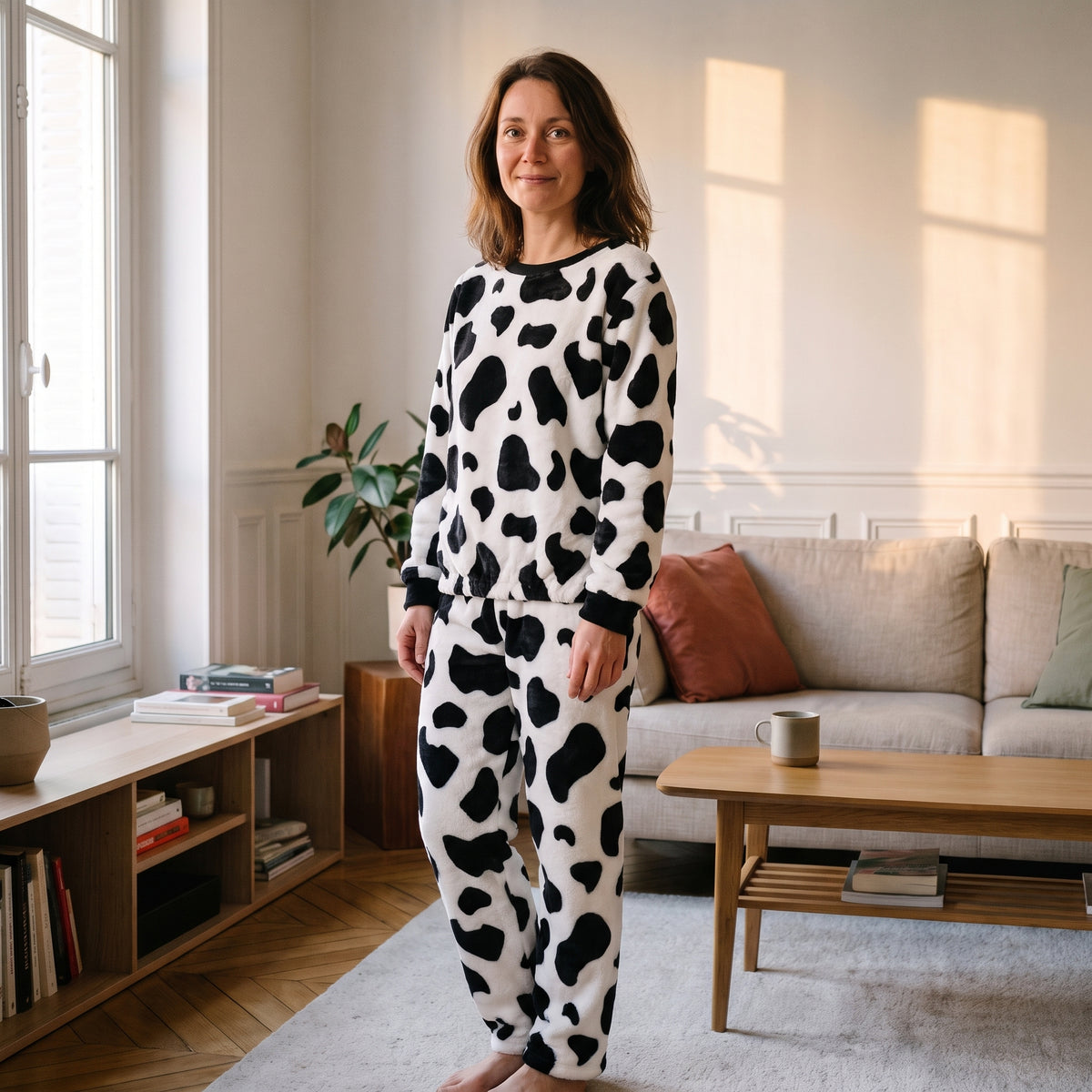 Pyjama en polaire imprimé vache porté par une femme debout