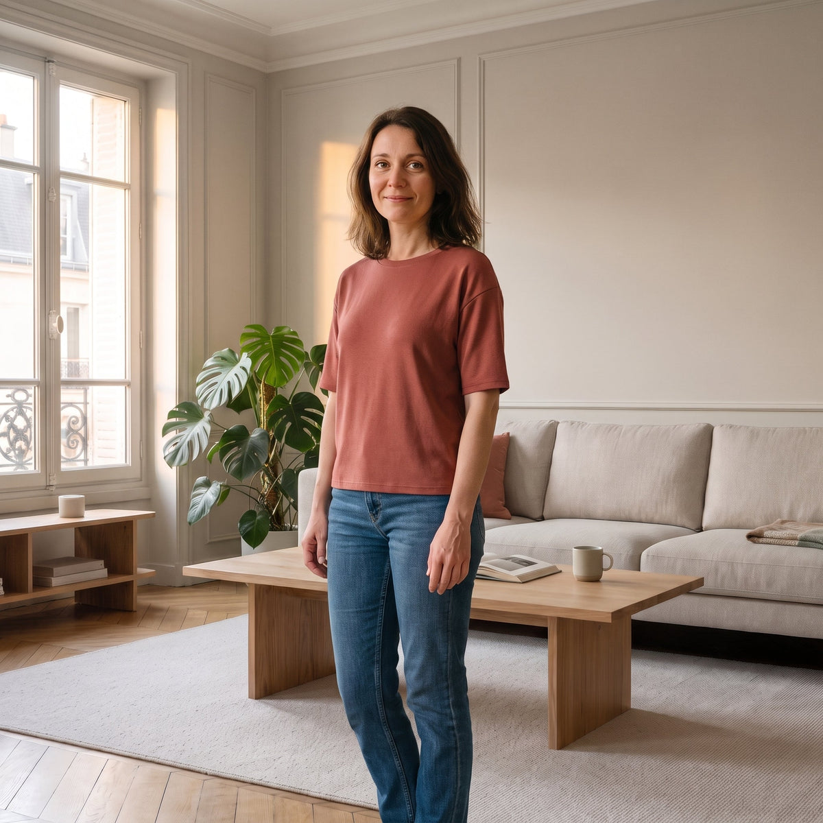 Femme portant un T-shirt rouge terracotta dans un salon