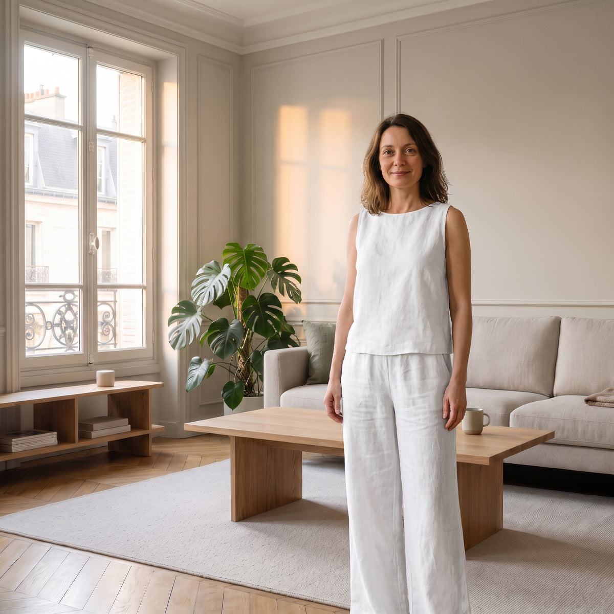 Ensemble en lin blanc porté par une femme debout