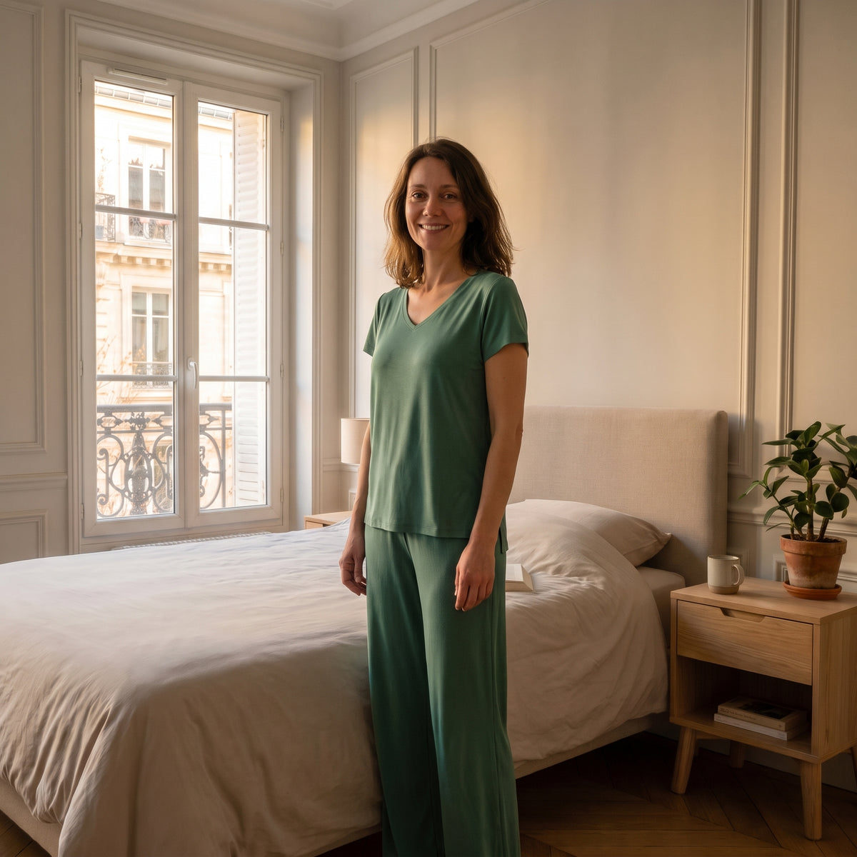 Pyjama cocooning mi-saison vert, porté par une femme dans sa chambre