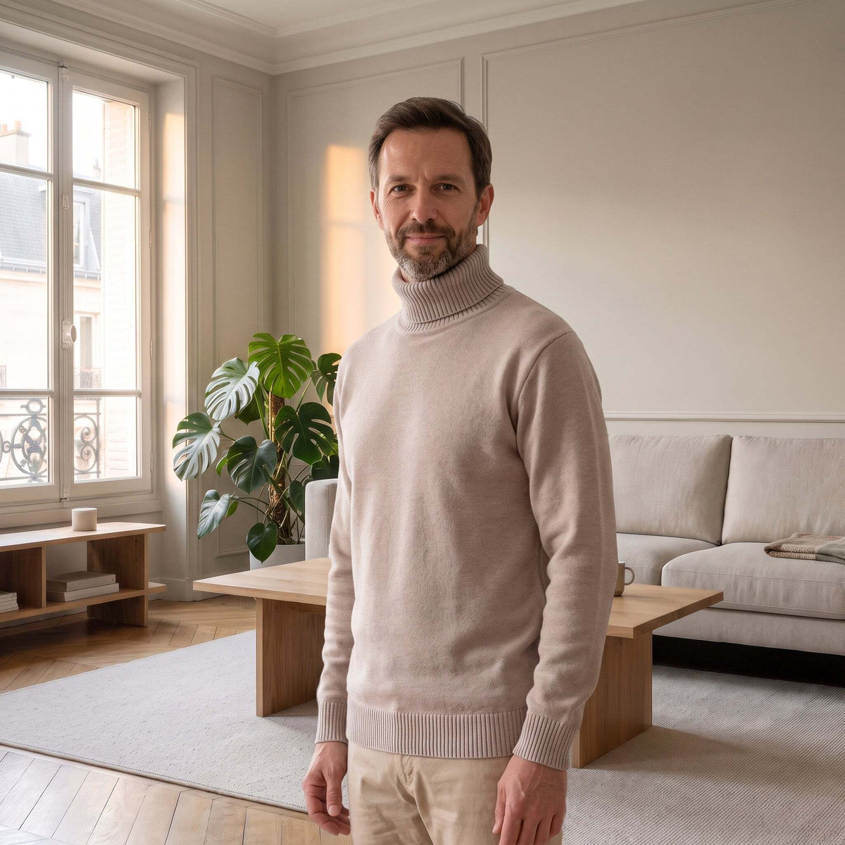 Pull col roulé polaire beige porté par un homme