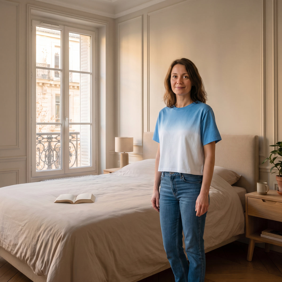 Crop-top bicolore bleu porté debout par une femme