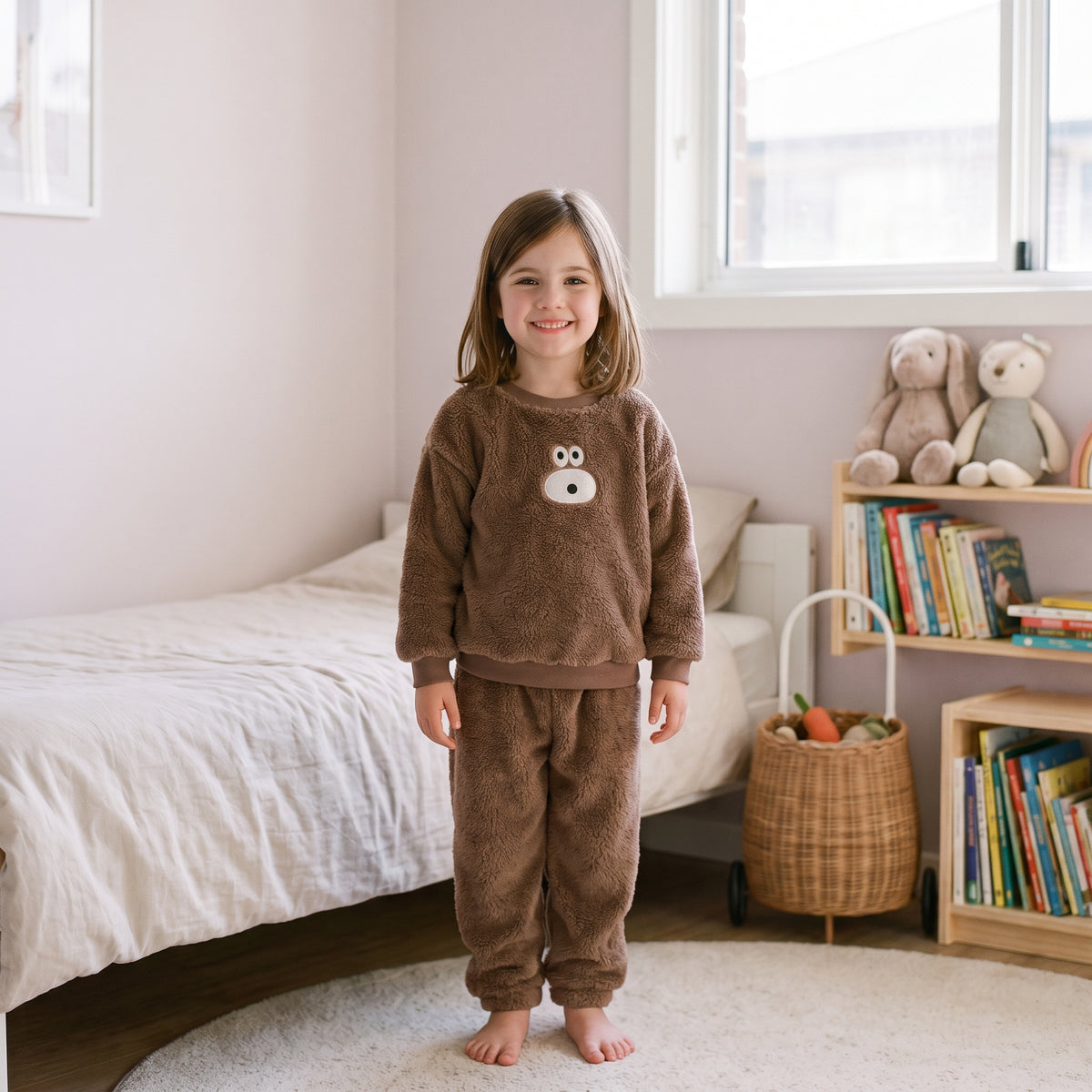 Enfant portant le pyjama peluche ours brun