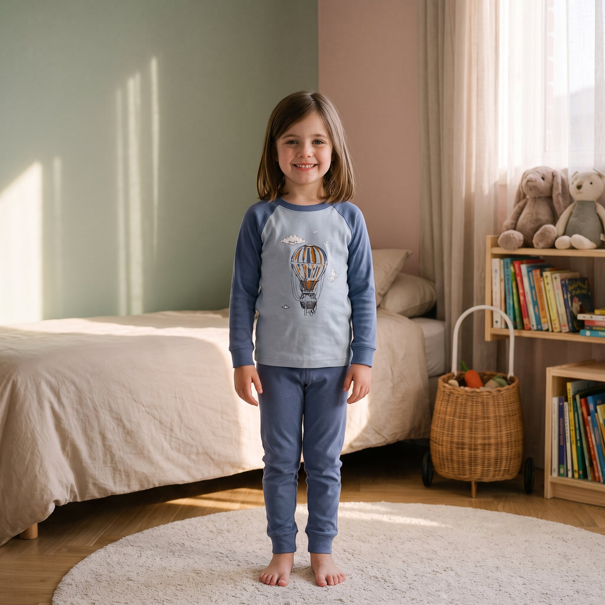 Enfant portant le pyjama en coton à motif montgolfières bleues