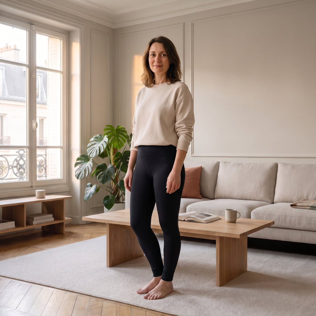Femme du casting portant le legging de sport noir dans un salon