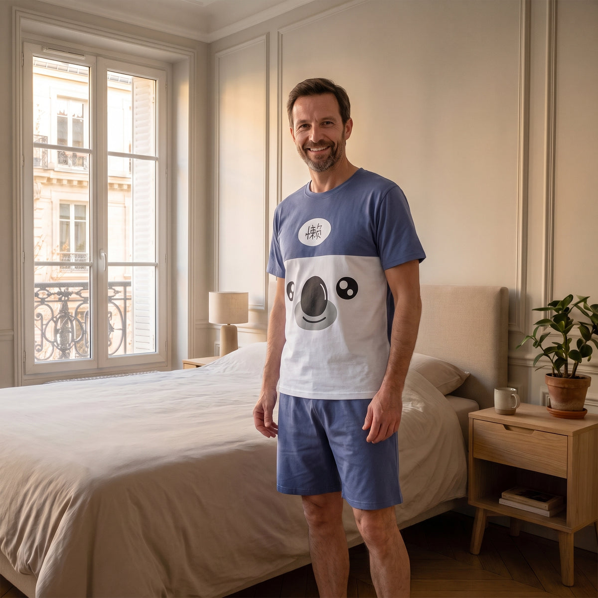 Pyjama d'été homme à koala porté par le mannequin Moment Cocooning