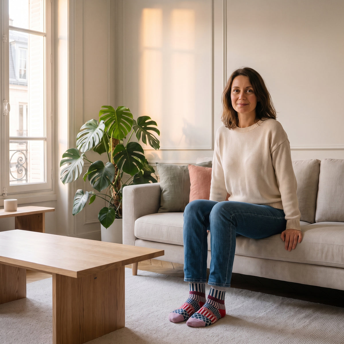 Chaussettes chaudes à motifs bleu, rouge et lilas portées par une femme sur son canapé