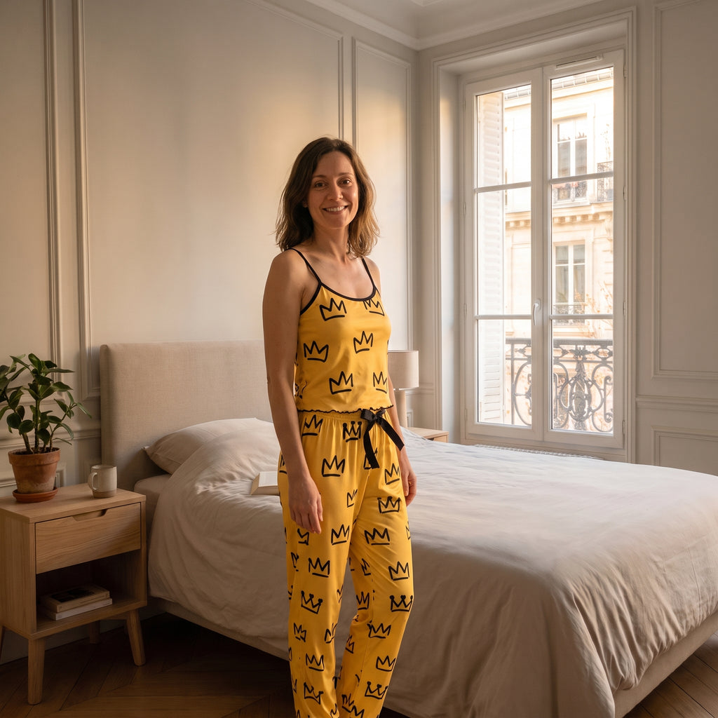 Pyjama en satin jaune sans manches porté par une femme