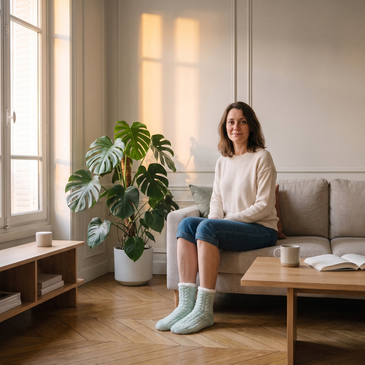 Chaussettes peluche vertes à maille torsadée portées