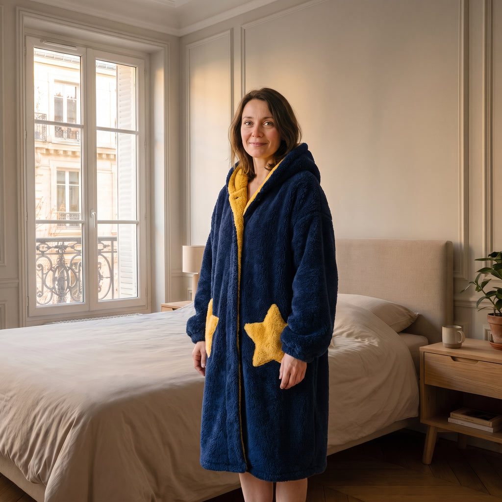 Peignoir à capuche en sherpa bleu marine porté par une femme debout