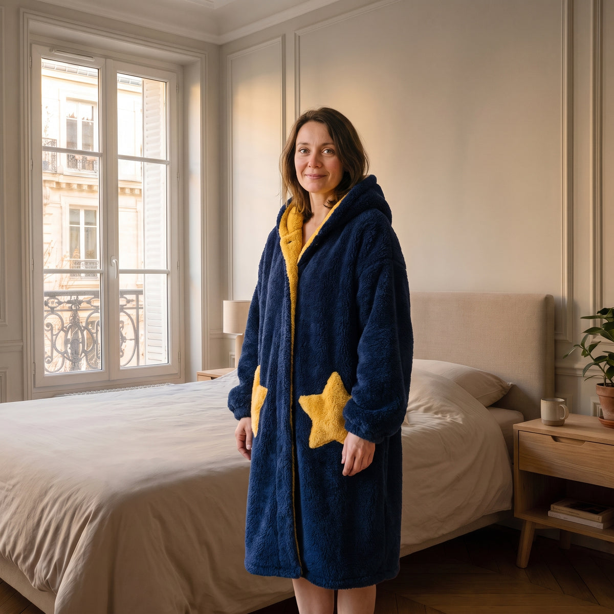 Peignoir à capuche en sherpa bleu marine porté par une femme debout