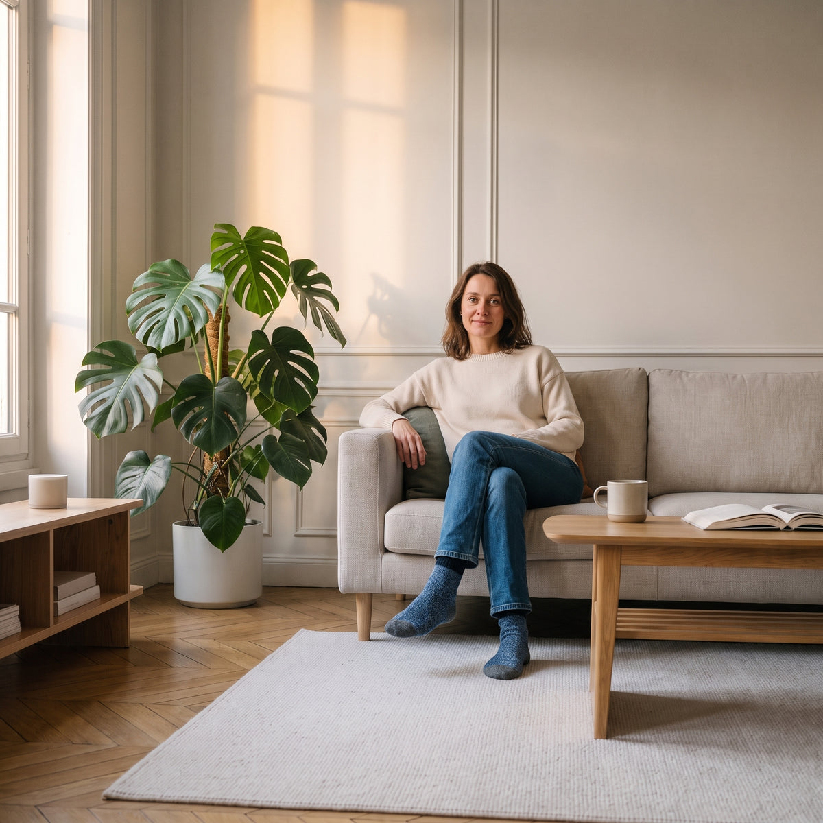 Chaussettes bicolores bleues en maille épaisse portées aux pieds dans le salon