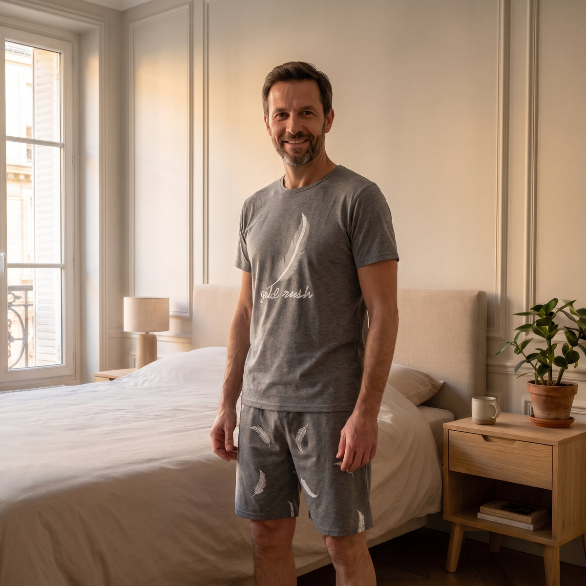 Pyjama en coton à plumes porté par un homme debout