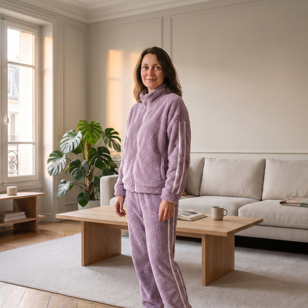 Ensemble en molleton violet porté par une femme debout