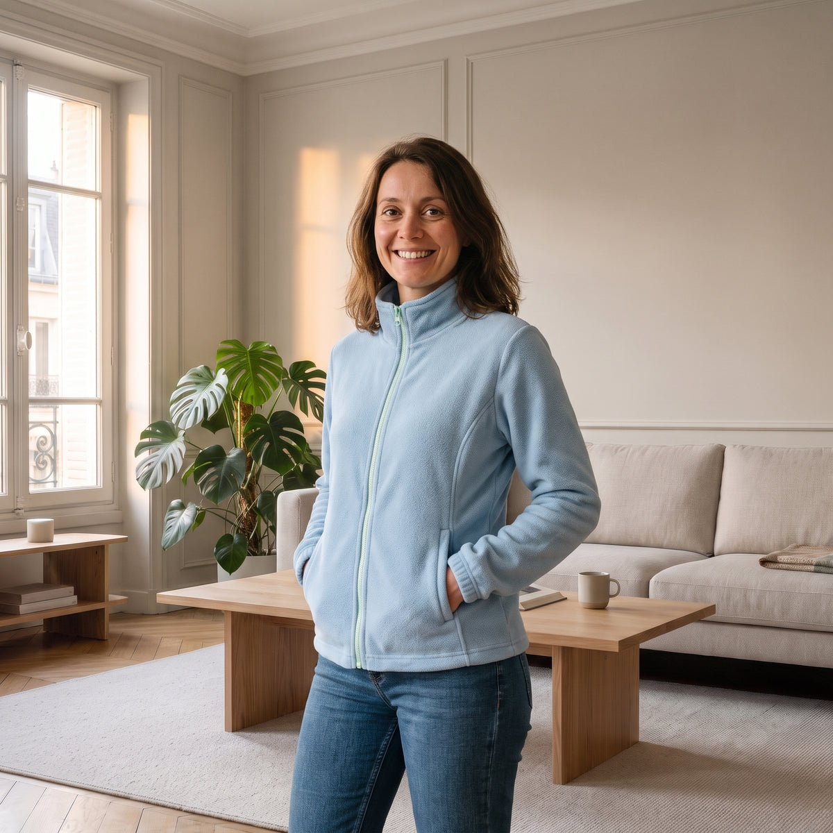 Femme portant une veste polaire bleu ciel à col montant dans un salon