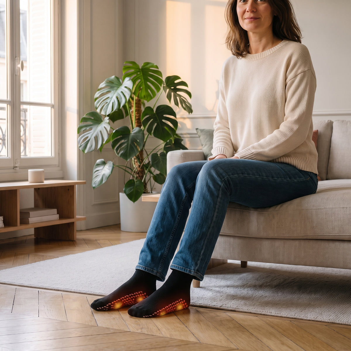 Chaussettes unisexes noires en coton portées aux pieds dans le salon