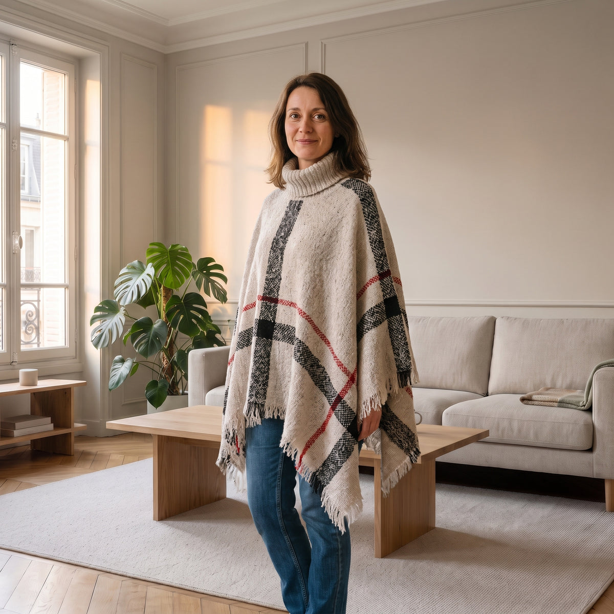 Cape femme beige à carreaux et col roulé portée dans le salon