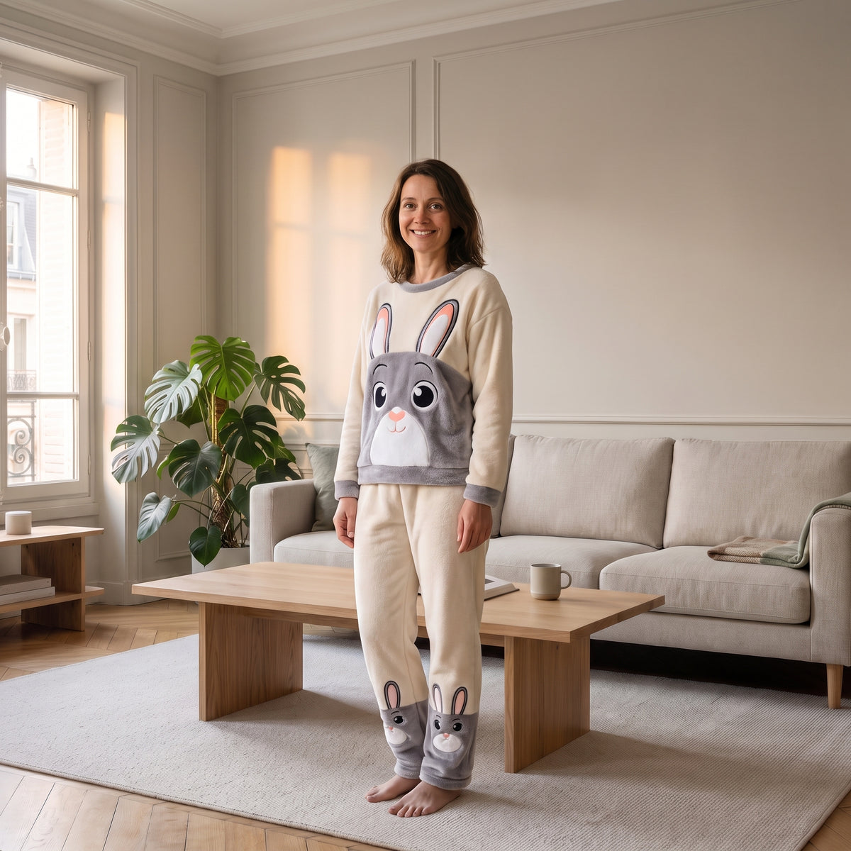 Pyjama chaud lapin gris et écru porté par une femme dans le salon