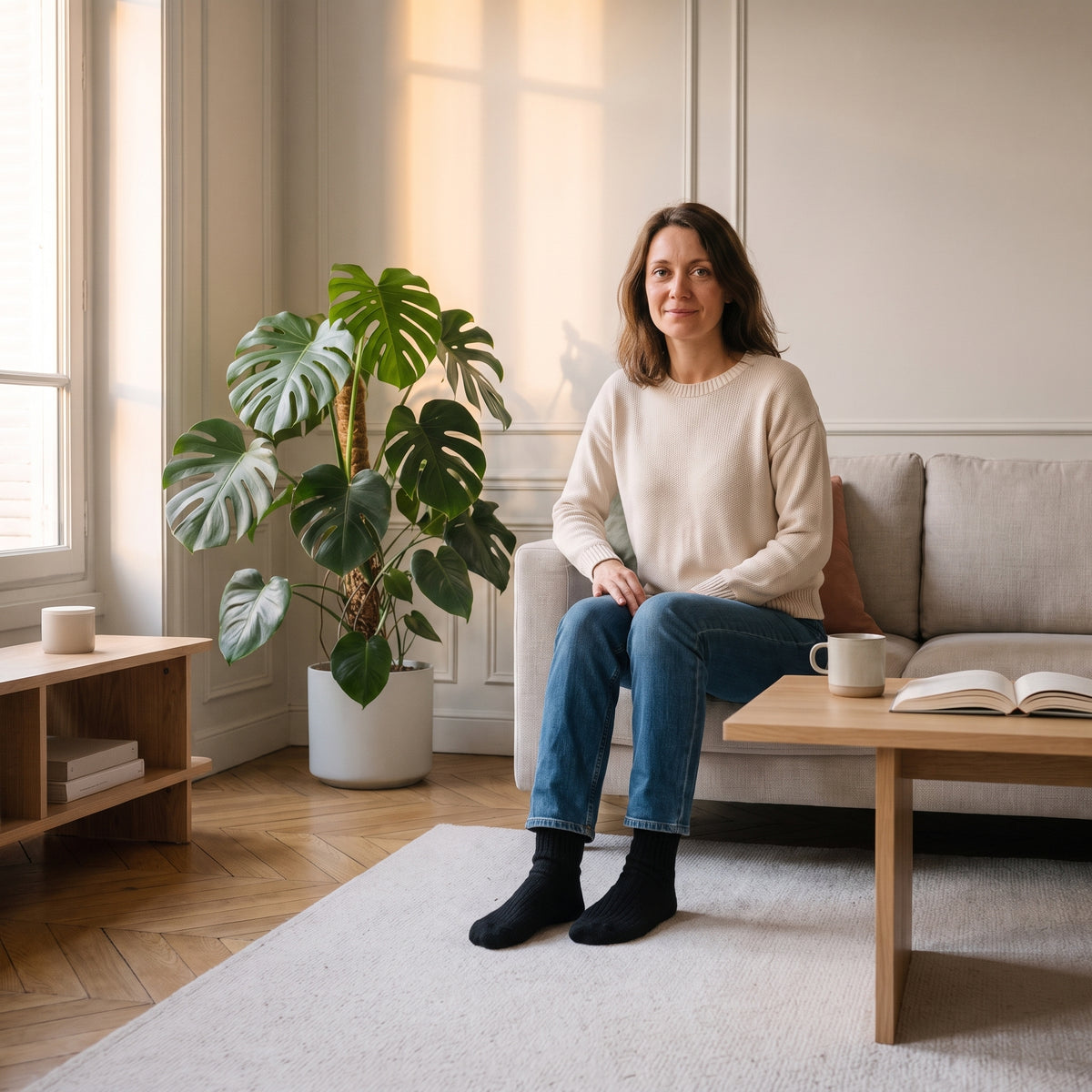 Chaussettes en laine épaisse noires portées