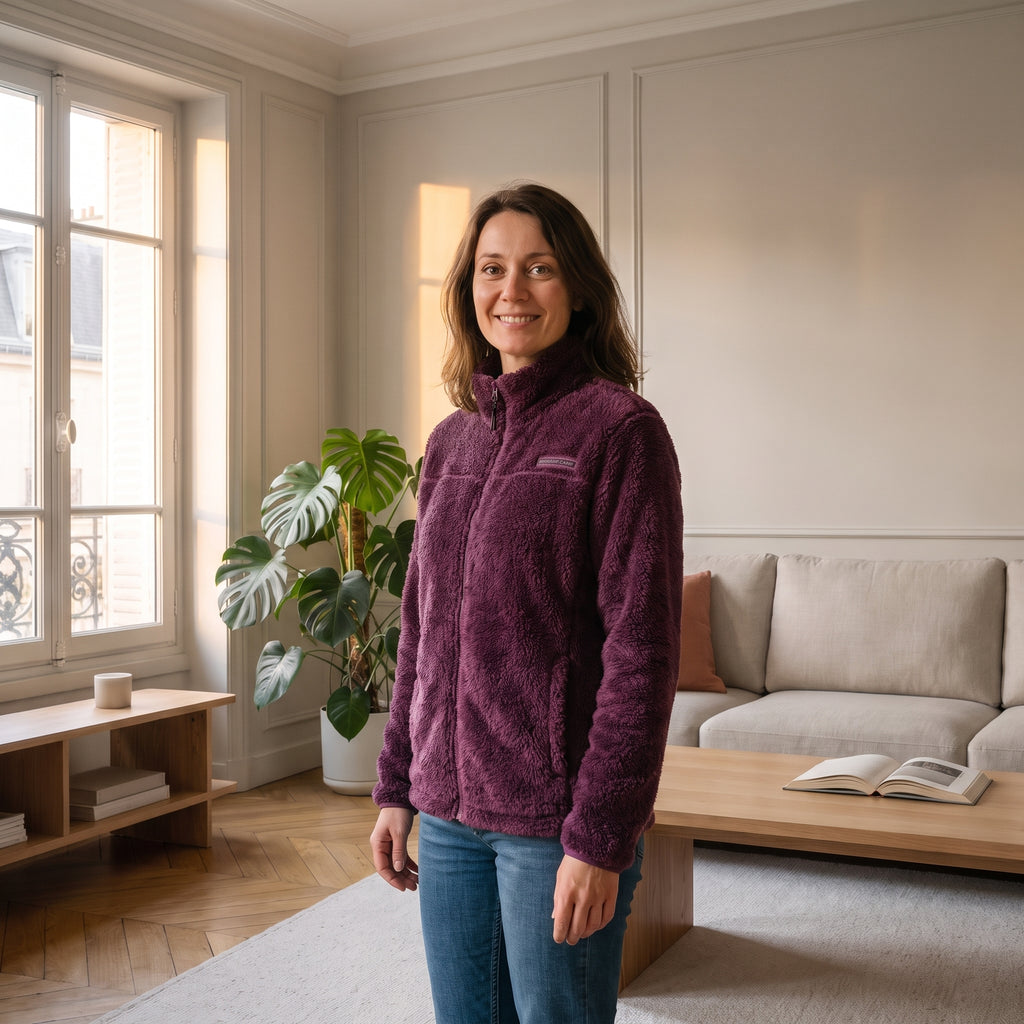 Veste polaire femme bordeaux zippée portée de face