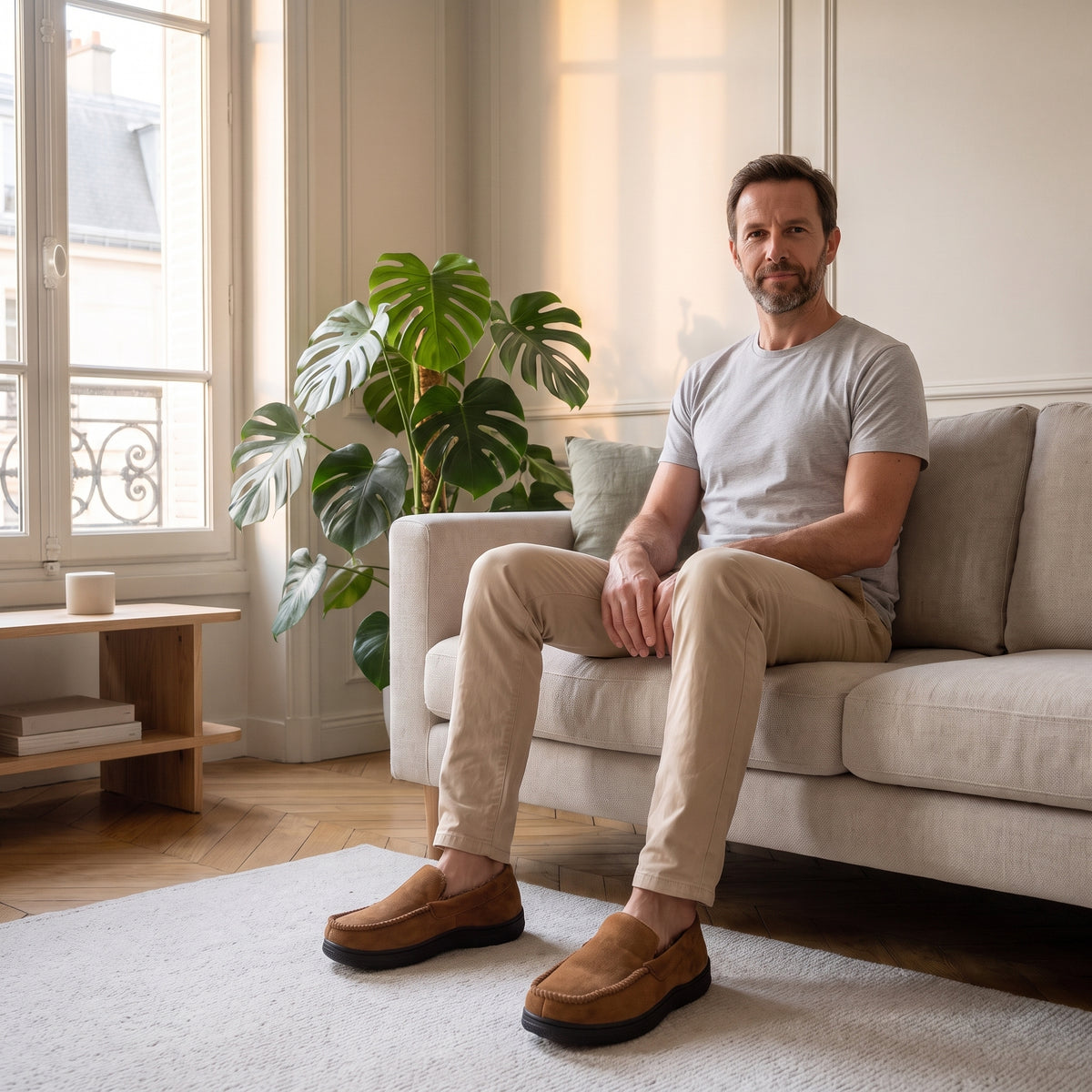 Mocassins chaussons homme camel portés