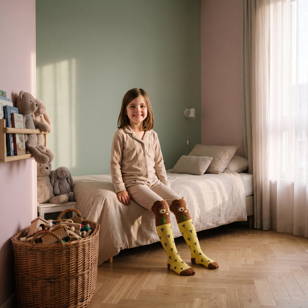 Chaussettes hautes enfant jaunes à chouettes portées dans une chambre