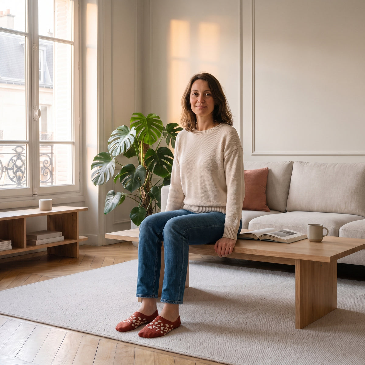 Chaussettes invisibles rouges léopard portées avec un jean