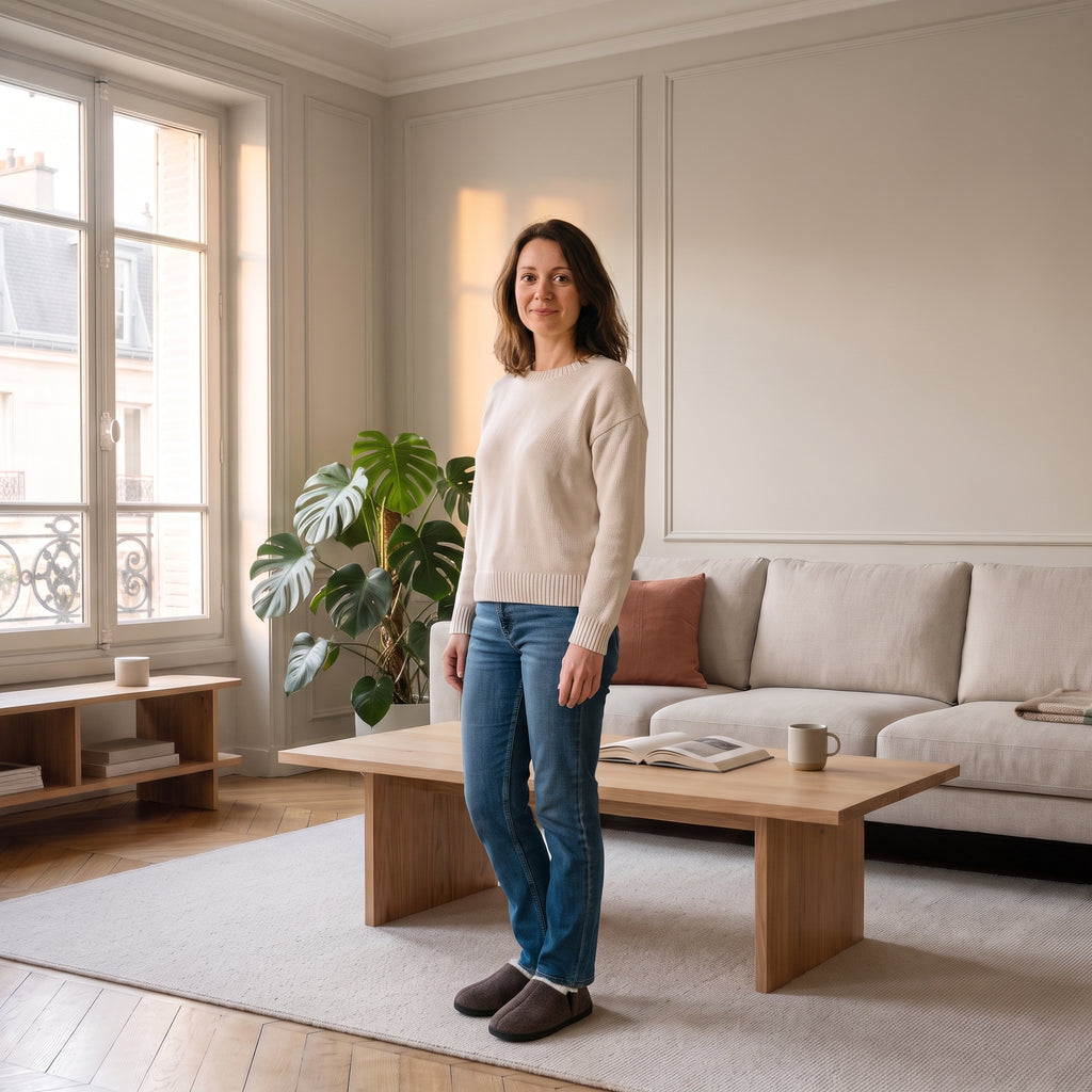 Chaussons fermés fourrés gris portés debout dans un salon